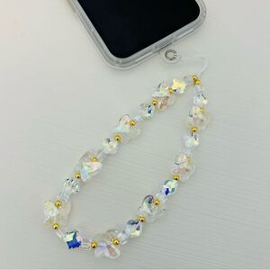 Beaded hand-held lanyard chain, phone wristlet strap  white butterfly